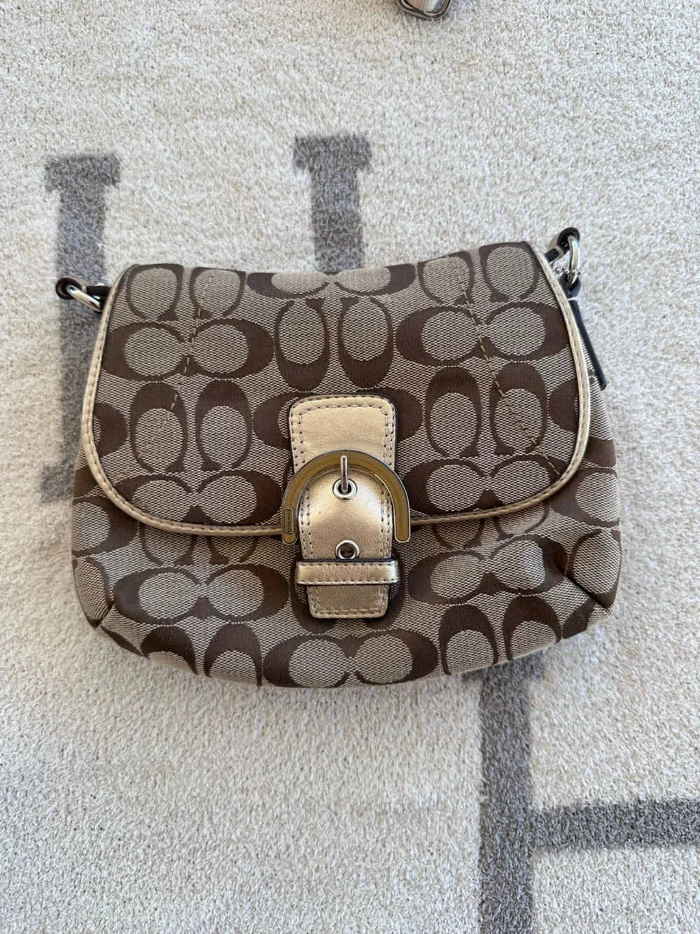 Coach Brown Signature Canvas Crossbody with Metallic Gold Buckle